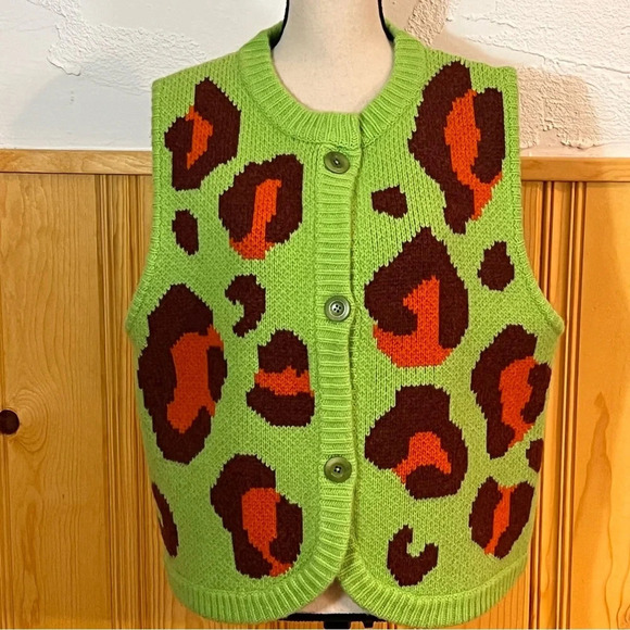 The Slow Love Gilet Green Leopard Print Vest SZ-L/XL - Picture 2 of 10